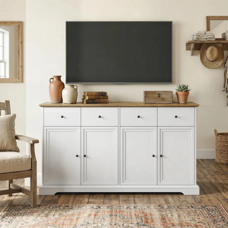 HOMCOM Sideboard Buffet Cabinet, 55" Farmhouse Kitchen Cabinet with Soft-Close Doors, 2 Drawers and 2 Adjustable Shelves