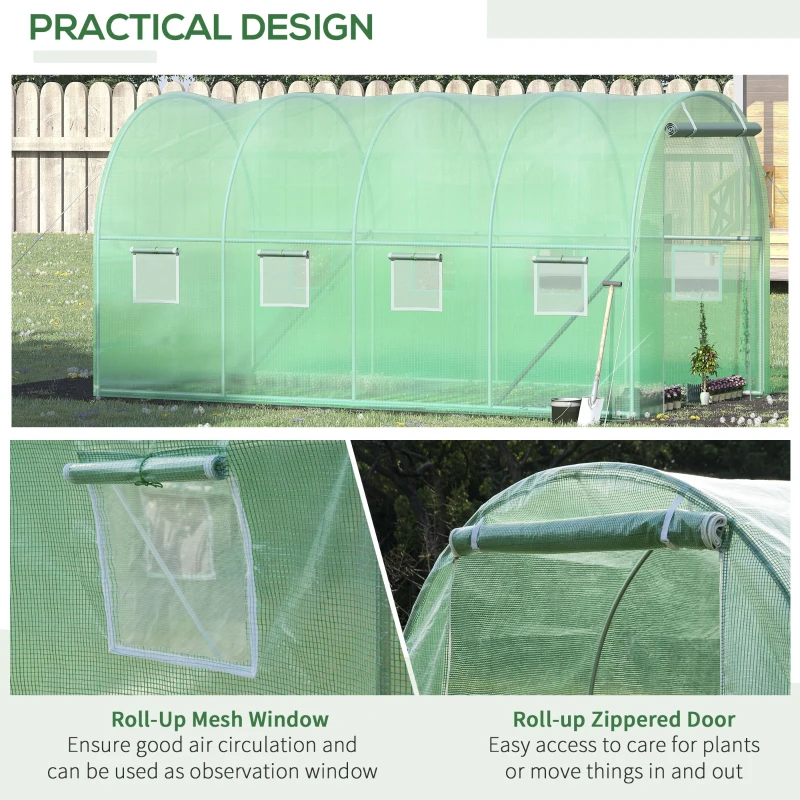 Outsunny 13' x 6.4' x 6.5' Walk-in Tunnel Greenhouse, Hoop House with Zipped Roll-Up Door and 8 Mesh Windows, Galvanised Steel Frame, Outdoor Greenhouse, Green