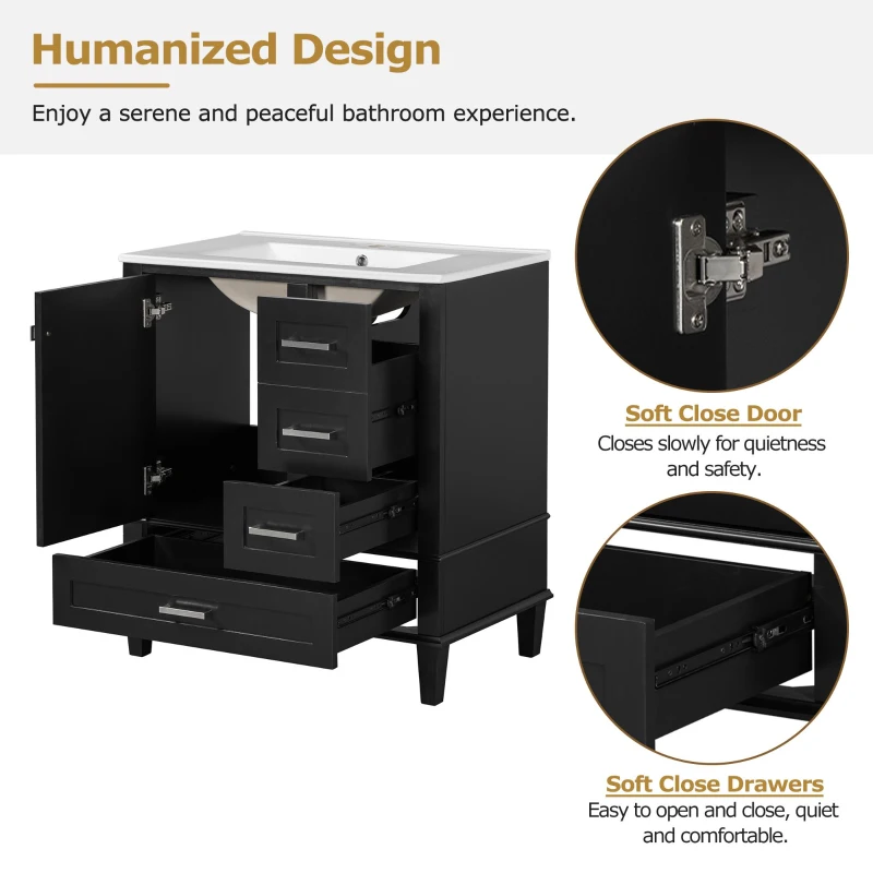 Modern Bathroom Vanity Sink Combo with Solid Wood Frame, Free-Standing Cabinet for Contemporary Bathrooms, 30'' L x 18.5'' W x 34'' H, Black