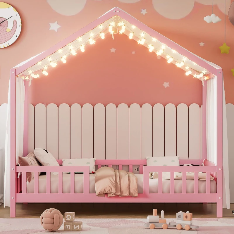Twin-Size House-Style Toddler Bed Frame with 4-Sided High Railings, Montessori Floor Bed with Canopy, 78.5'' L x 41.5'' W x 78'' H, Pink