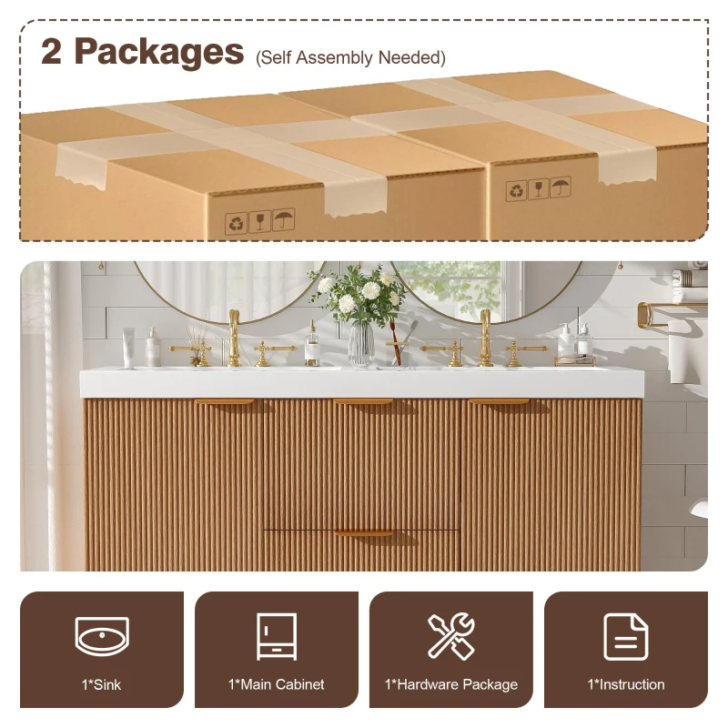 Double Sink Bathroom Vanity with Soft-Close Doors, Wall-Mounted Floating Cabinet with Divided Drawers, 47'' L x 19.5'' W x 23.5'' H, Wood