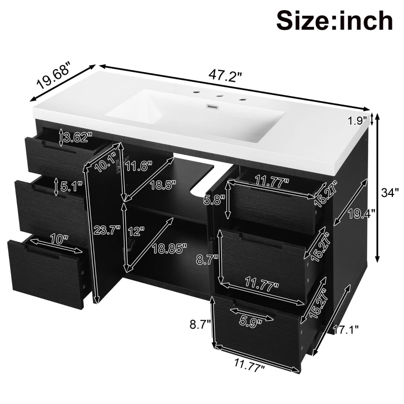 Stylish Bathroom Vanity with 2 Doors & 6 Hidden Soft-Close Drawers, Elegant Vanity Cabinet with SMC Resin Sink, 47'' L x 19.5'' W x 34'' H, Black