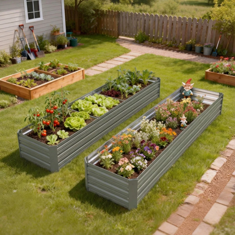 Outsunny 8'x2'x1' Galvanized Raised Bed, Large Elevated Planter Box for Growing Flowers, Herbs and Vegetables, Light Grey