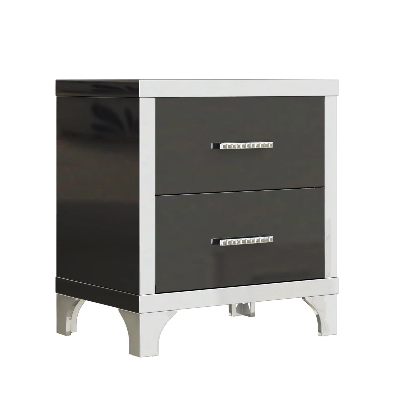 Elegant High Gloss Nightstand with Mirrored Front and 2 Drawers, Stylish Bedside Table for Large Bedrooms, 22.5'' L x 15.5'' W x 23.5'' H, Black