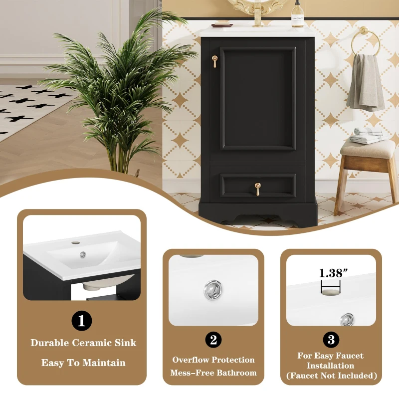 Stylish Bathroom Vanity with Ceramic Sink, Soft-Close Door & Drawer, Space-Saving Cabinet for Compact Washroom, 20'' L x 18.5'' W x 34'' H, Black