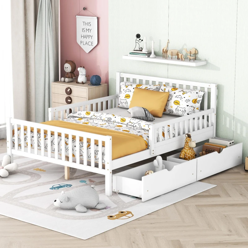 Full Size Wood Platform Bed with 2 Under-Bed Storage Drawers, Solid Bed Frame with Guardrails on Both Sides, 77.5'' L x 57.5'' W x 34.5'' H, White