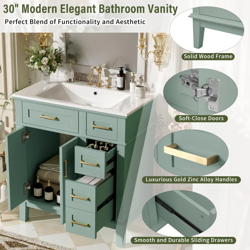 Solid Bathroom Vanity with Ceramic Undermount/Drop-In Sink, Modern Storage Cabinet for Compact Washrooms, 30'' L x 18'' W x 34'' H, Light Green
