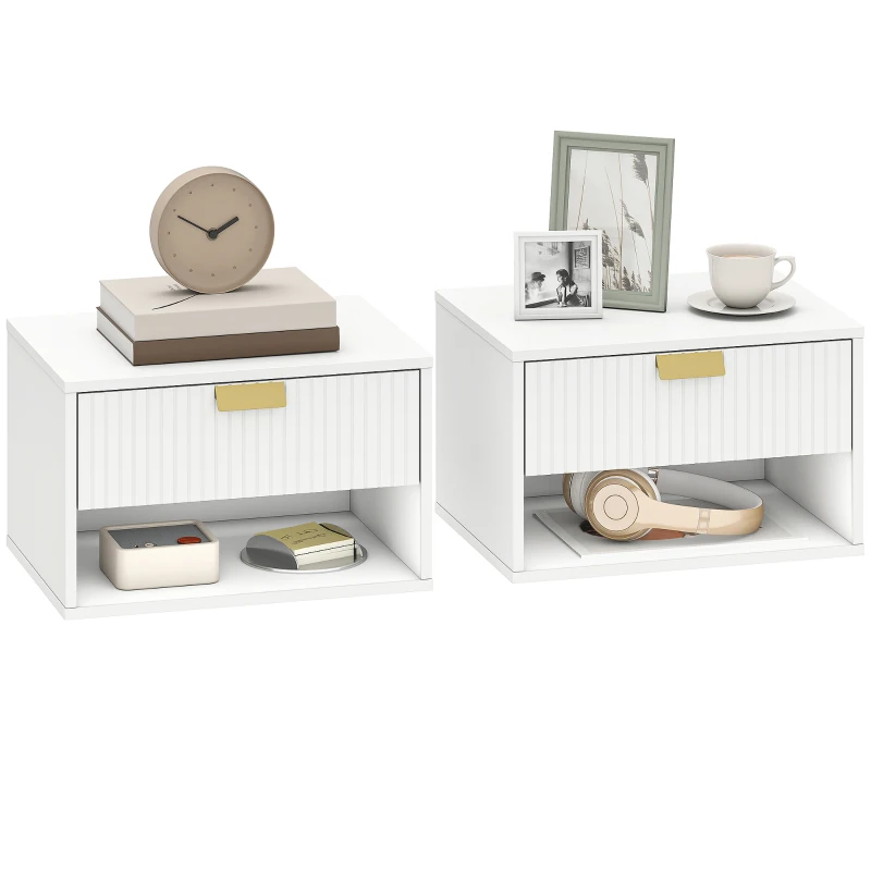 HOMCOM Set of 2 Wall Mounted Bedside Tables, Floating Nightstands with Fluted Drawer and Open Shelf for Bedroom, White
