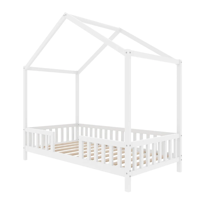 Twin House-Shaped Toddler Bed with 4 High Guard Railings & Roof Frame, Montessori Floor Bed with Canopy, 78.5'' L x 41.5'' W x 78'' H, White