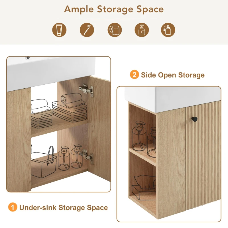 Space-Saving Floating Bathroom Vanity with Ceramic Basin, Wall-Mounted Cabinet for Compact Washroom, 21.5'' L x 12'' W x 26.5'' H, Wood