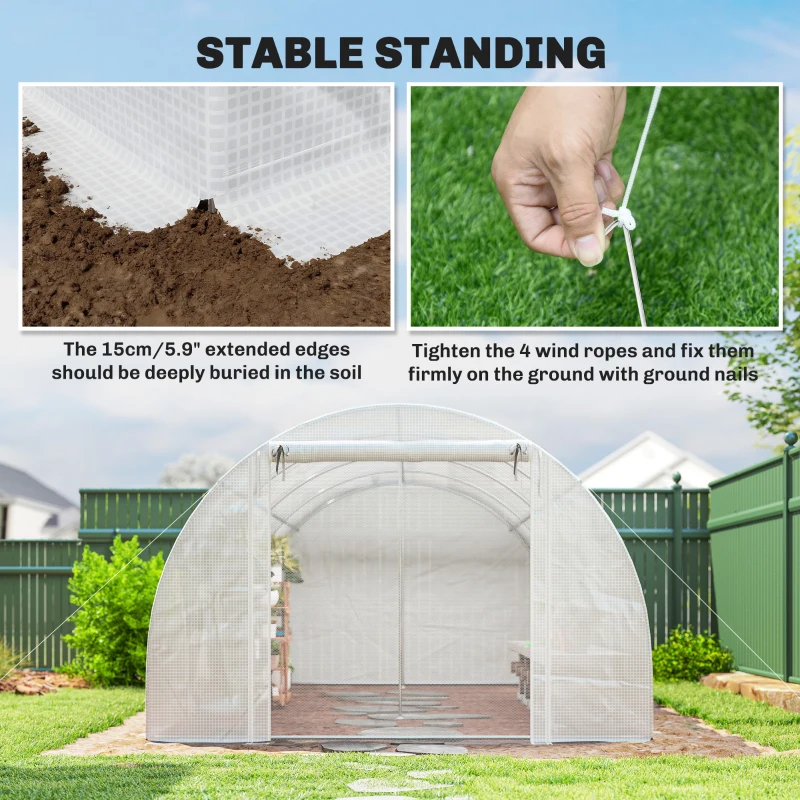 Outsunny Walk-in Tunnel Greenhouse with 2 Support Rods, Mesh Door, Plant Hot House with PE Cover, 20'x10'x7', White