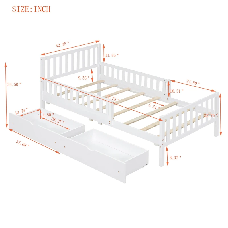 Twin Wood Platform Bed with 2 Under-Bed Storage Drawers, Solid Bed Frame for Children or Restless Sleepers, 77.5'' L x 42'' W x 34.5'' H, White