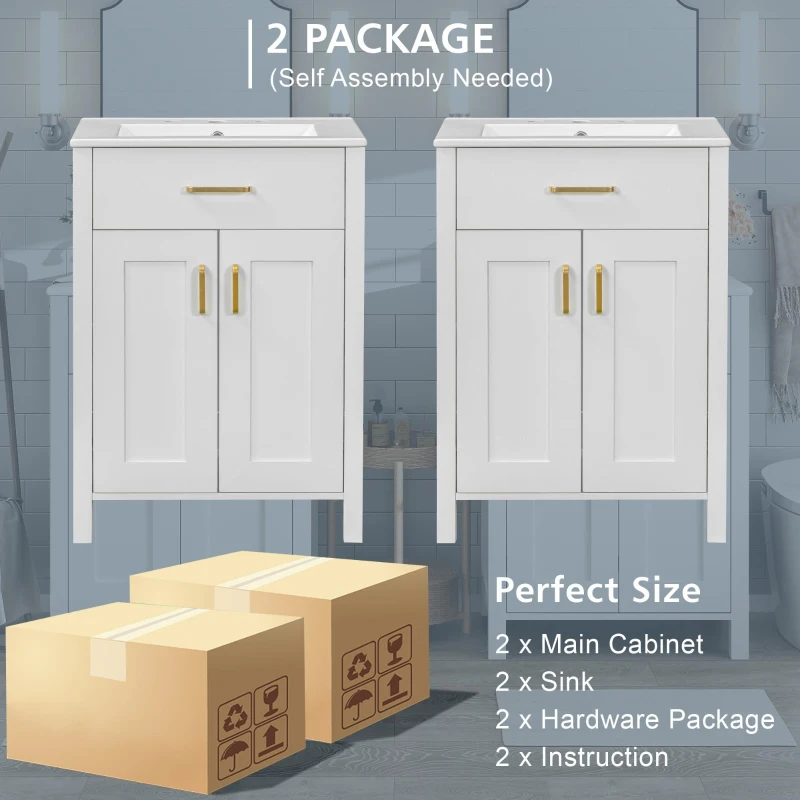 Modern Bathroom Vanity with 4 Doors, 2 Drawers and Adjustable Shelf, Freestanding Cabinet with Ceramic Sink, 48.5'' L x 18.5'' W x 34'' H, White