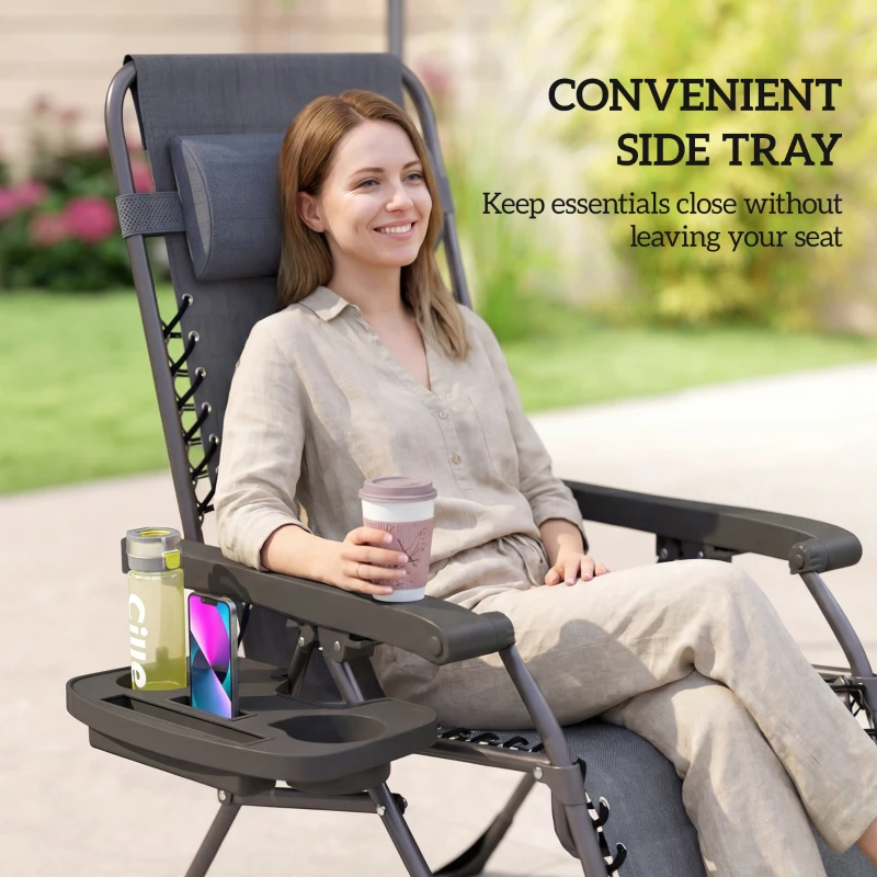 Outsunny Zero Gravity Chair Set of 2, Folding Reclining Outdoor Lounge Chair with Cup Holder, Headrest, Dark Grey