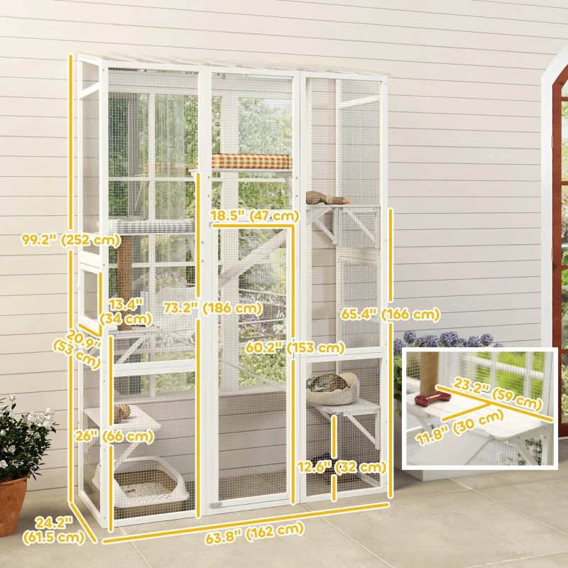 PawHut Large Outdoor Catio with 6 Jumping Platforms, Scratching Post, 2 Ramps, Waterproof Roof, White