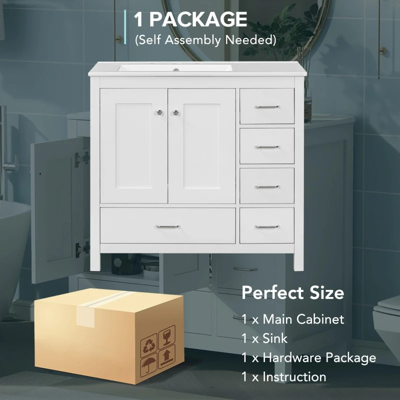 Solid Bathroom Vanity with Single Undermount Ceramic Sink, Freestanding Cabinet for Clutter-Free Bathroom, 30'' L x 18.5'' W x 34'' H, Grey