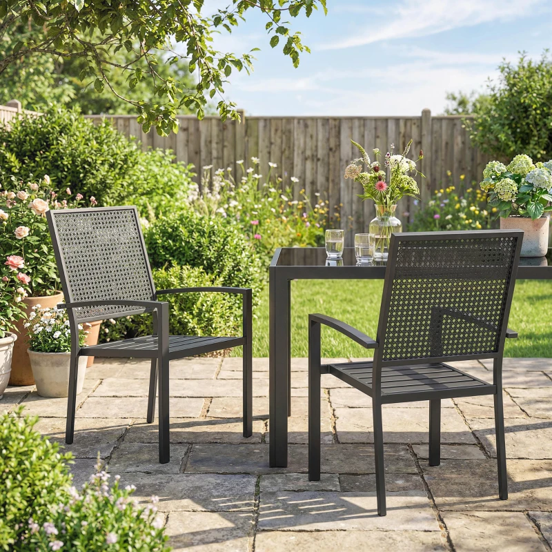Outsunny Stackable Patio Chairs Set of 2, Outdoor Dining Chairs with Faux Wicker Steel Mesh Back, Slatted Seat, Armrests, Black