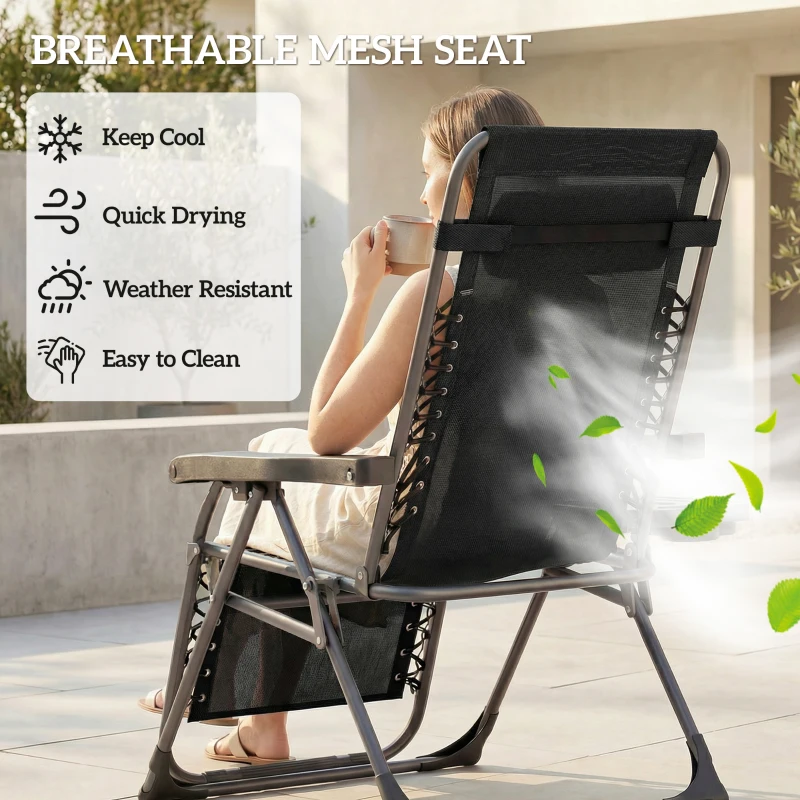 Outsunny Zero Gravity Chair Set of 2, Folding Reclining Outdoor Lounge Chair with Cup Holder, Headrest, Black