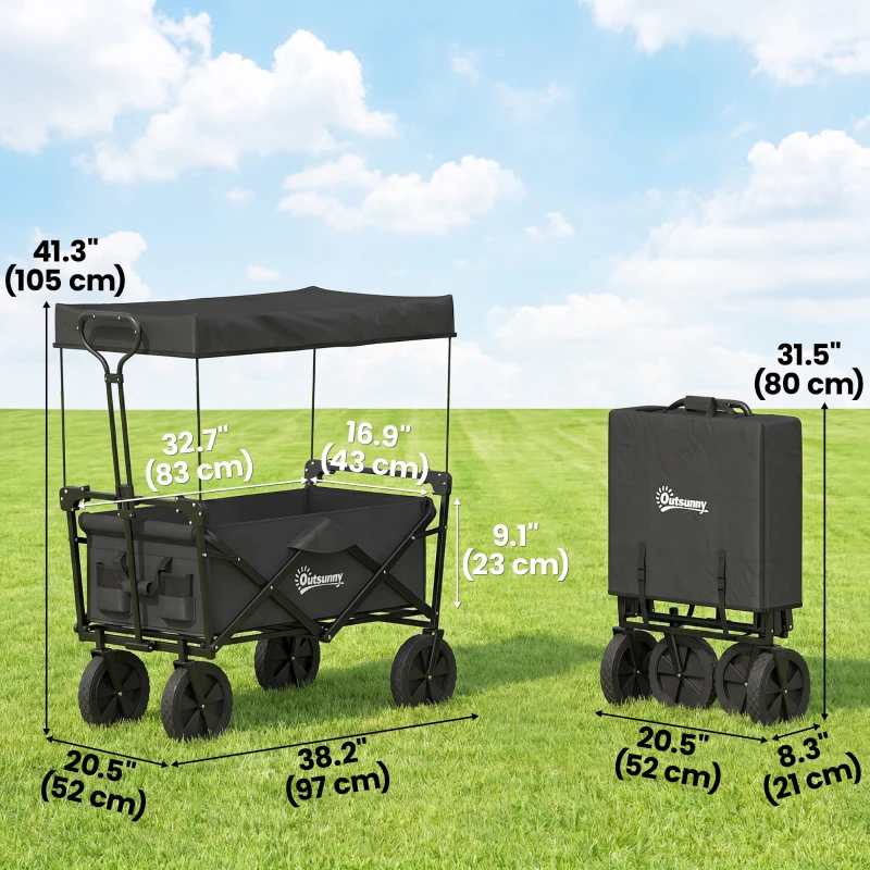Outsunny Steel Frame Folding Garden Cart, Collapsible Wagon Cart with Removable Canopy, Telescopic Handle and Carrying Bag