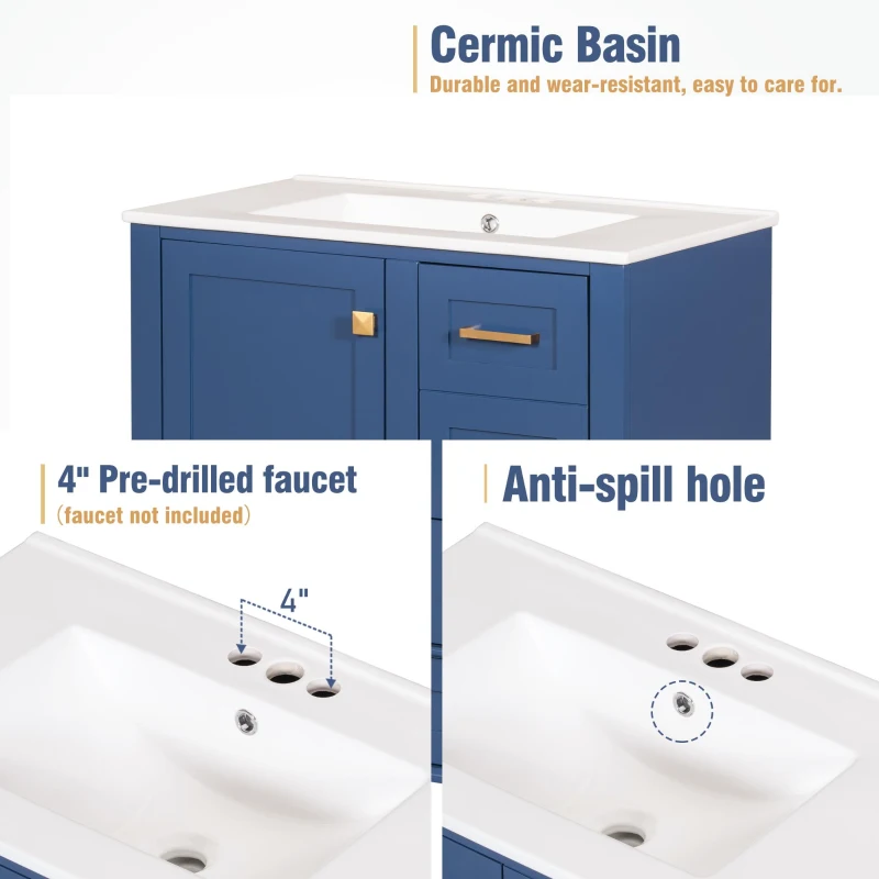Free-Standing Bathroom Vanity with Ceramic Sink Combo, Modern Cabinet with Solid Wood Frame, 30'' L x 18.5'' W x 34'' H, Blue