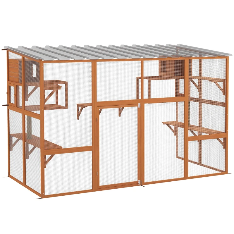 PawHut Large Outdoor Catio with 2 Condos, Jumping Platforms, Waterproof Roof, Orange