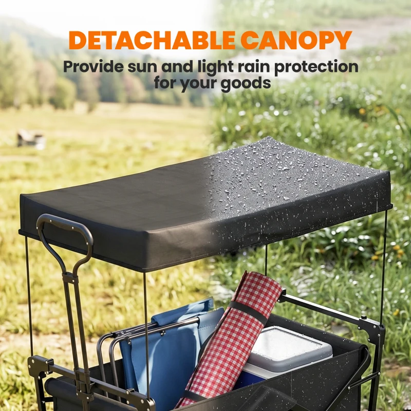 Outsunny Steel Frame Folding Garden Cart, Collapsible Wagon Cart with Removable Canopy, Telescopic Handle and Carrying Bag