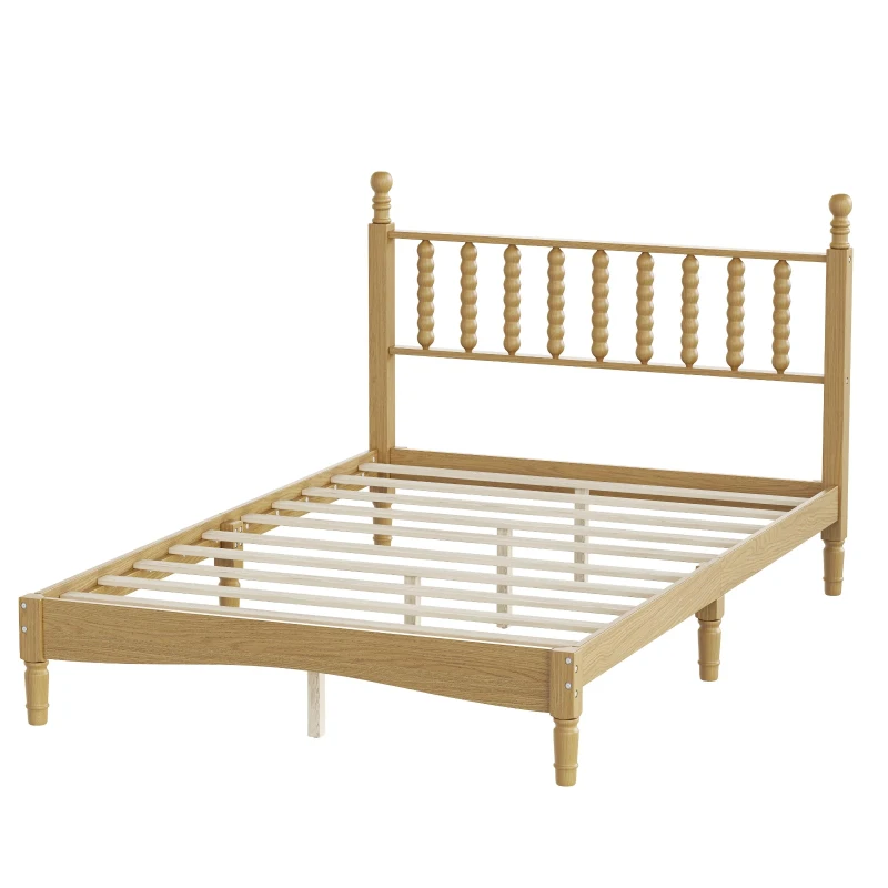 Full Size Wood Platform Bed with Gourd-Shaped Headboard, Solid Bed Frame for Eclectic Bedrooms, 79'' L x 57'' W x 45'' H, Natural