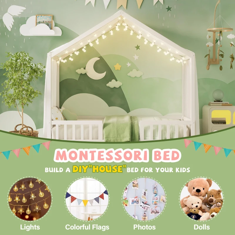 Twin House-Shaped Toddler Bed with 4 High Guard Railings & Roof Frame, Montessori Floor Bed with Canopy, 78.5'' L x 41.5'' W x 78'' H, White