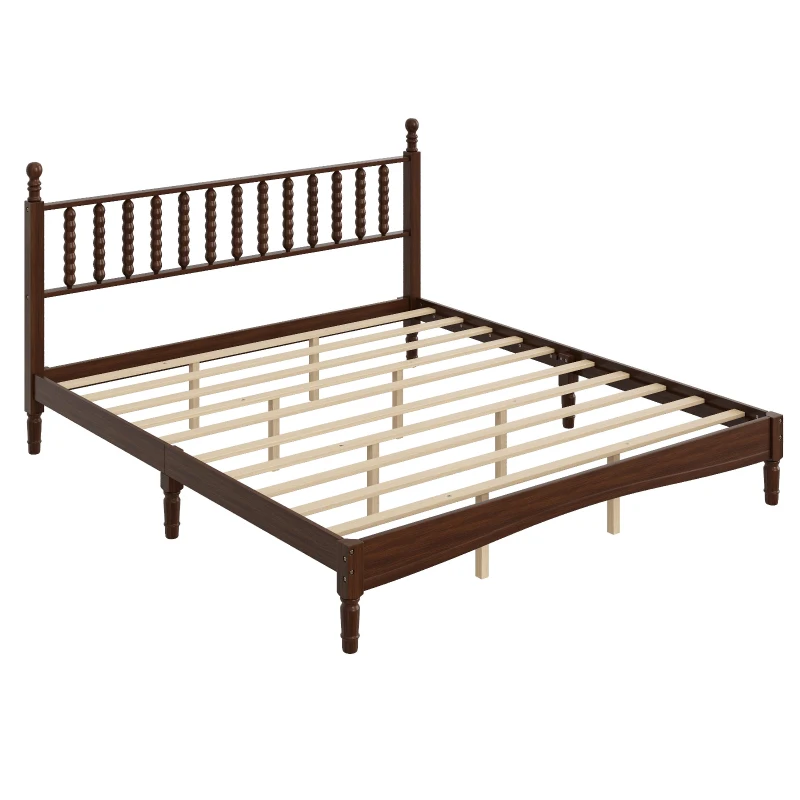 King-Size Wood Platform Bed with Gourd-Shaped Headboard, Sturdy Wooden Frame for Classic or Eclectic Interior, 84.5'' L x 79'' W x 45'' H, Walnut