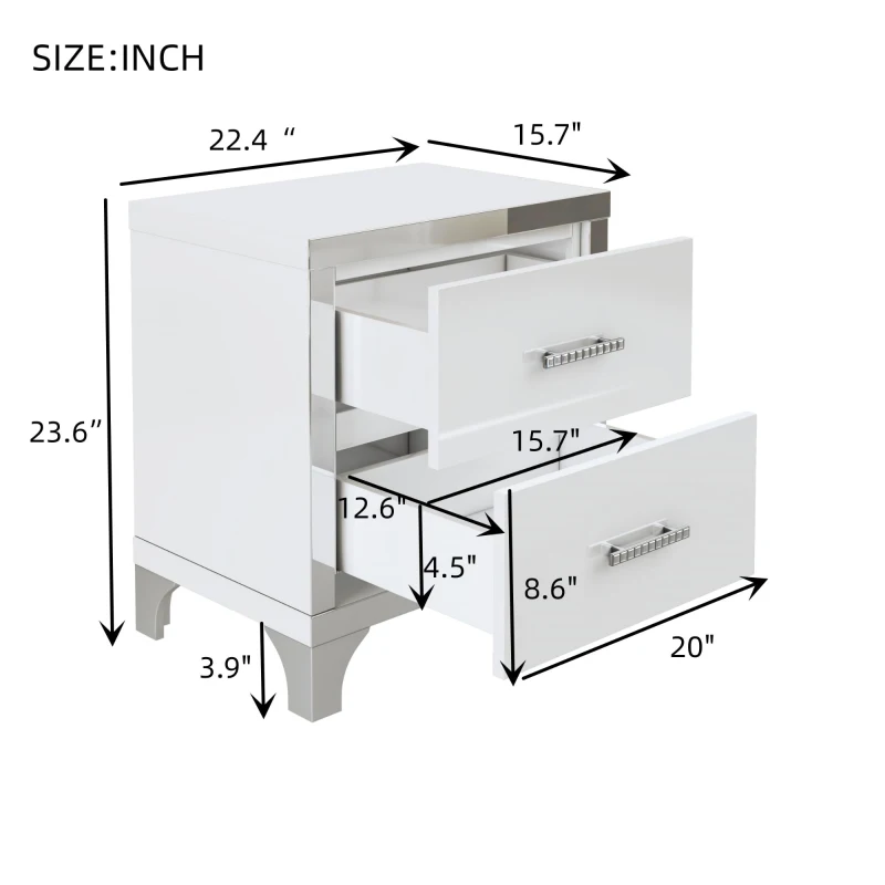Elegant High-Gloss Nightstand with Metal Handles and Legs, Mirrored Bedside Table for Bedrooms or Apartments, 22.5'' L x 15.5'' W x 23.5'' H, White