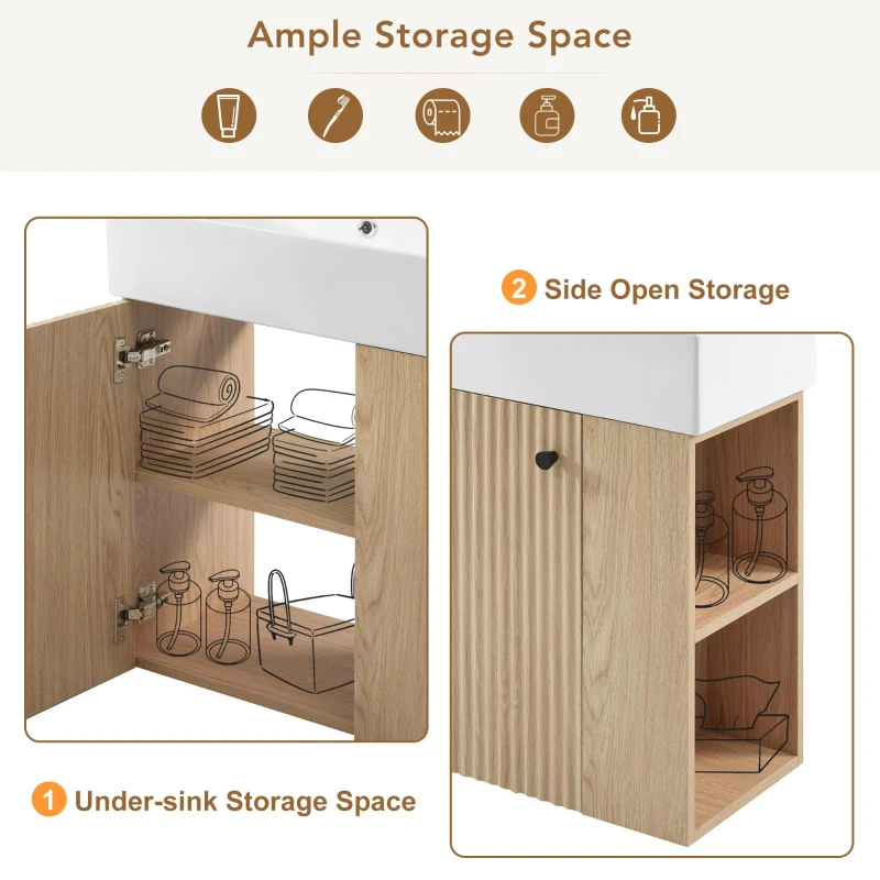 Modern Wall-Mounted Bathroom Vanity with Ceramic Basin, Space-Saving Floating Cabinet for Compact Bathrooms, 21.5'' L x 12'' W x 26.5'' H, Wood