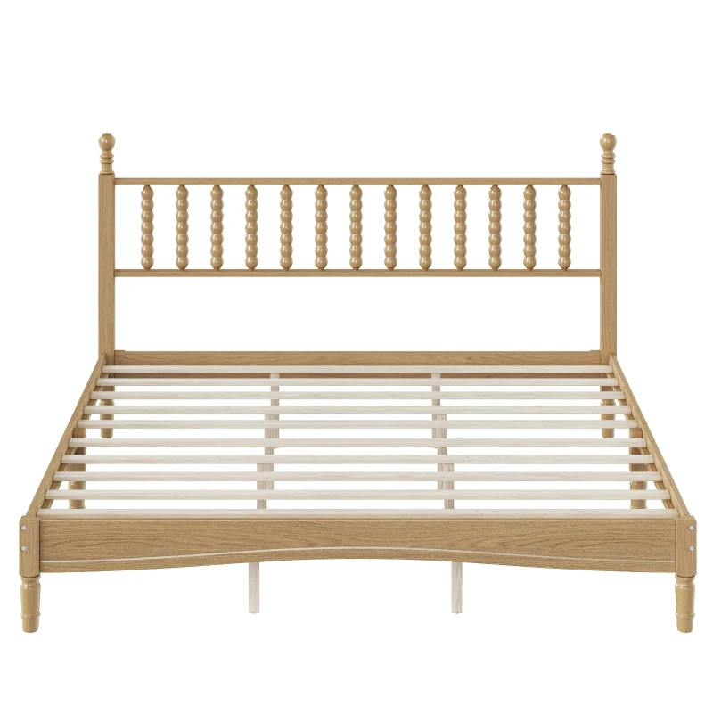 King Size Wood Platform Bed with Gourd-Shaped Headboard, Sturdy Bed Frame for Classic or Eclectic Décor, 84.5'' L x 79'' W x 45'' H, Natural