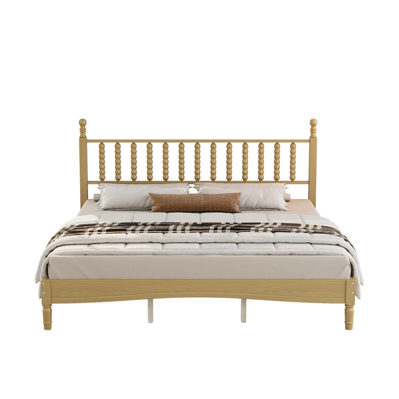 King Size Wood Platform Bed with Gourd-Shaped Headboard, Sturdy Bed Frame for Classic or Eclectic Décor, 84.5'' L x 79'' W x 45'' H, Natural