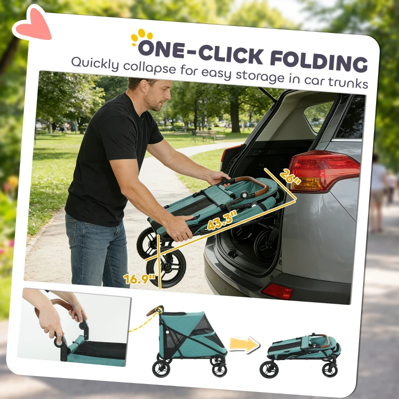 PawHut Dog Stroller for Large Dogs Up to 66 LBS with All-Terrain Spring Suspension, 8-Position Adjustable Handle, Teal