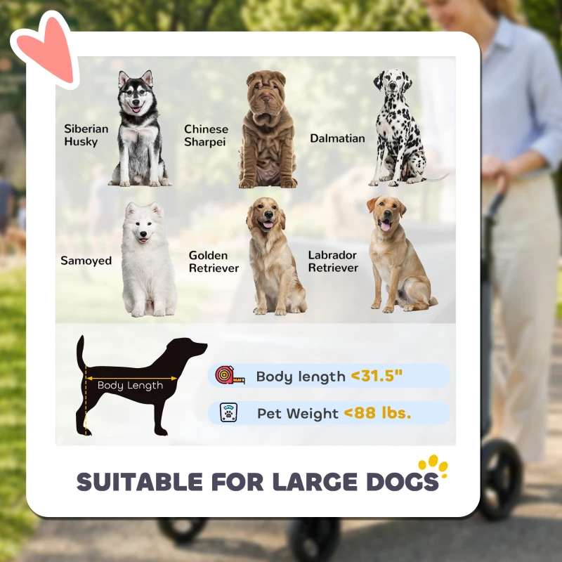 PawHut Dog Stroller for Large Dogs Up to 66 LBS with All-Terrain Spring Suspension, 8-Position Adjustable Handle, Gray