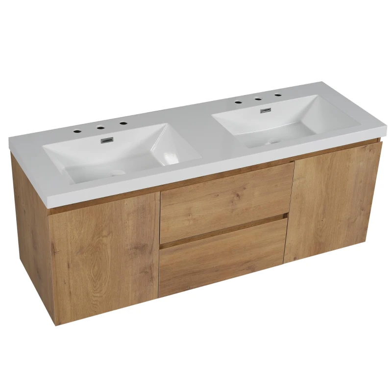 Double Sink Bathroom Vanity with Spacious Under-Sink Storage, Wall-Mounted Floating Cabinet with SMC Top, 59.5'' L x 20'' W x 25.5'' H, Wood