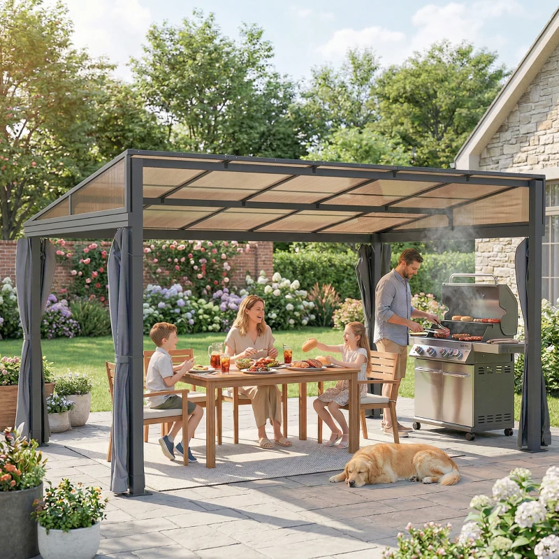 Outsunny 10' x 13' Outdoor Hardtop Pergola Gazebo with Polycarbonate Roof, UV Protection Sun Shelter with Curtains for Garden, Patio and Outdoor Events