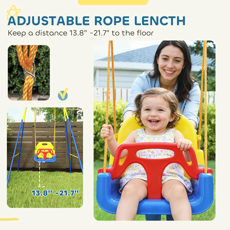 Qaba 3 in 1 Toddler Swing Set, Folding Child Swing Set with Seat Belt, Adjustable Seat for Outdoor Indoor, Blue