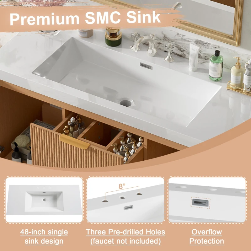 Single Sink Wall-Mounted Bathroom Vanity with SMC Top, Stylish Bathroom Cabinet with U-Shaped Drawers, 47'' L x 19.5'' W x 23.5'' H, Wood