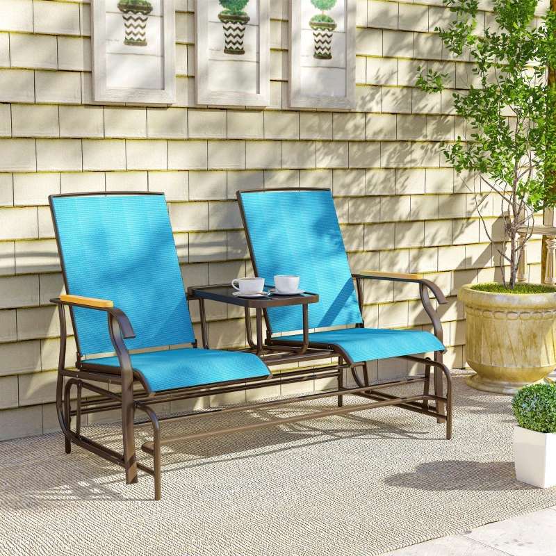 Outsunny Outdoor 2-Person Glider Bench, Outside Glider Swing Chair Loveseat with Table, Steel Frame, Blue