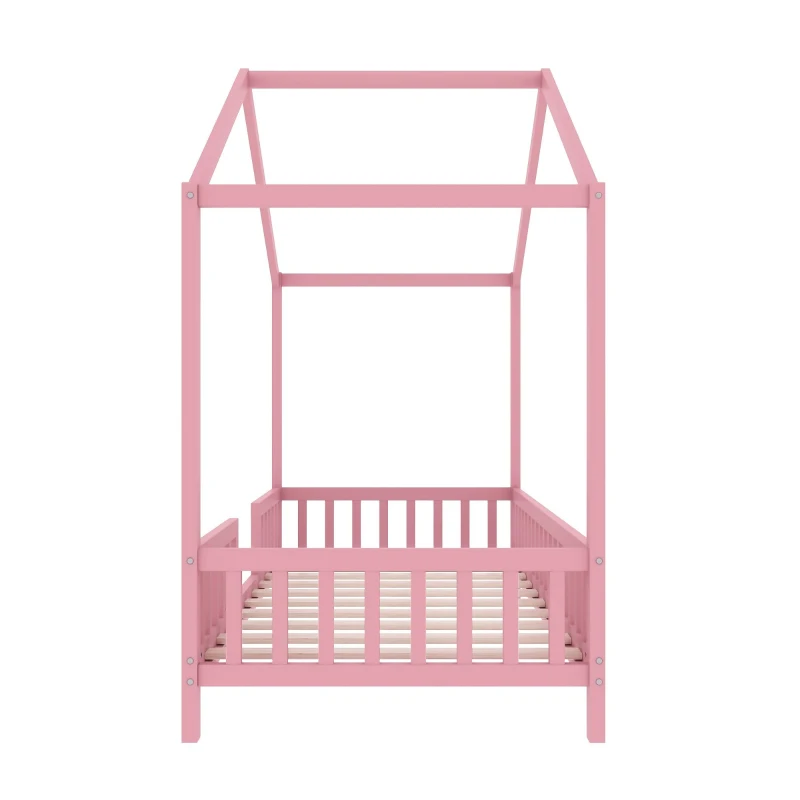 Twin-Size House-Style Toddler Bed Frame with 4-Sided High Railings, Montessori Floor Bed with Canopy, 78.5'' L x 41.5'' W x 78'' H, Pink