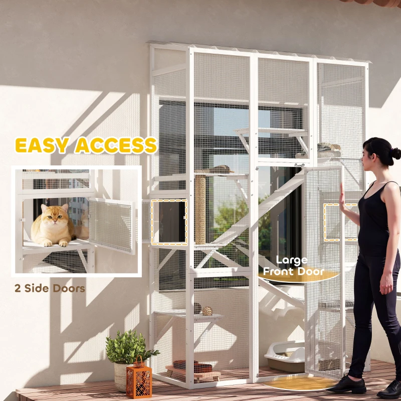 PawHut Large Outdoor Catio with 6 Jumping Platforms, Scratching Post, 2 Ramps, Waterproof Roof, White