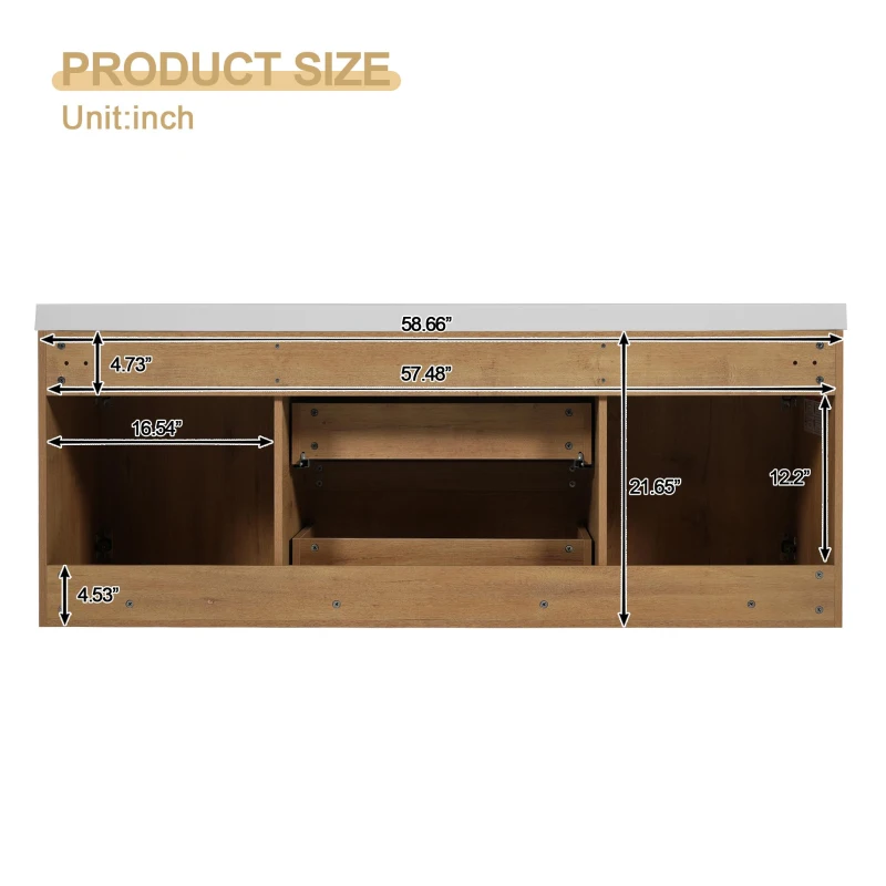 Double Sink Bathroom Vanity with Spacious Under-Sink Storage, Wall-Mounted Floating Cabinet with SMC Top, 59.5'' L x 20'' W x 25.5'' H, Wood