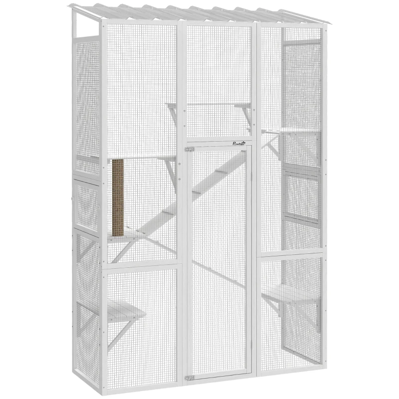 PawHut Large Outdoor Catio with 6 Jumping Platforms, Scratching Post, 2 Ramps, Waterproof Roof, White