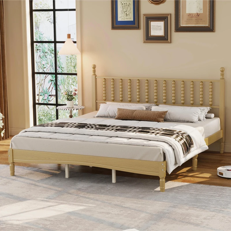 King Size Wood Platform Bed with Gourd-Shaped Headboard, Sturdy Bed Frame for Classic or Eclectic Décor, 84.5'' L x 79'' W x 45'' H, Natural
