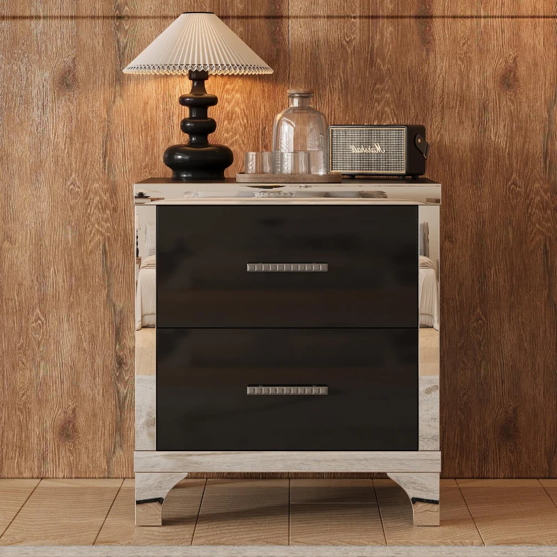 Elegant High Gloss Nightstand with Mirrored Front and 2 Drawers, Stylish Bedside Table for Large Bedrooms, 22.5'' L x 15.5'' W x 23.5'' H, Black