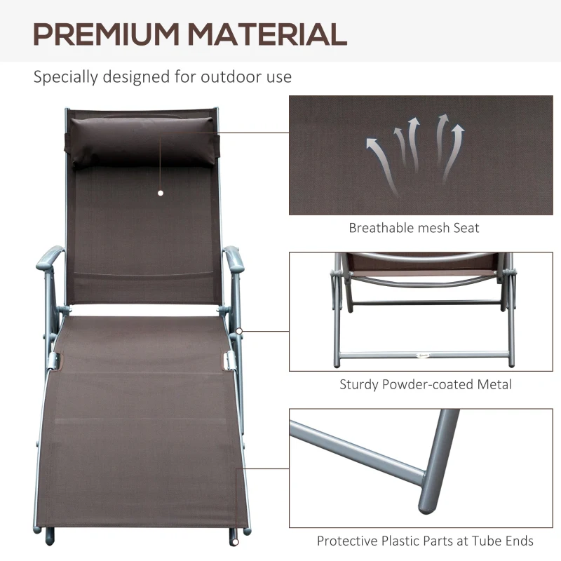 Outsunny Chaise Lounge Foldable Outdoor Chair, Portable, 7-Position Adjustable Reclining Tri-fold Chair for Camping, Sunbathing & Tanning at the Beach, Swimming Pool with Pillow, Brown