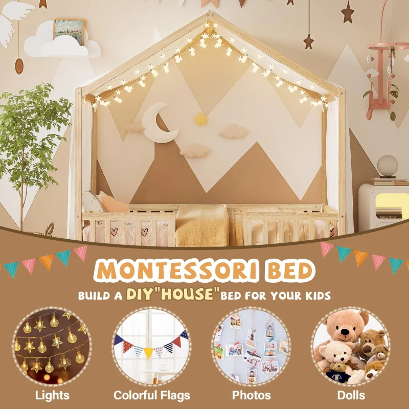 Twin House-Style Toddler Bed with Full Guardrails and DIY Canopy Frame, Montessori Floor Bed with Canopy, 78.5'' L x 41.5'' W x 78'' H, Natural