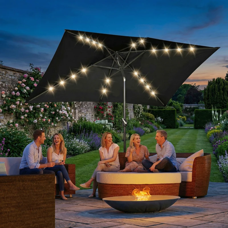 Outsunny 6.5x10ft Patio Umbrella, Rectangle Tilt Outdoor Market Parasol with LEDs, Black
