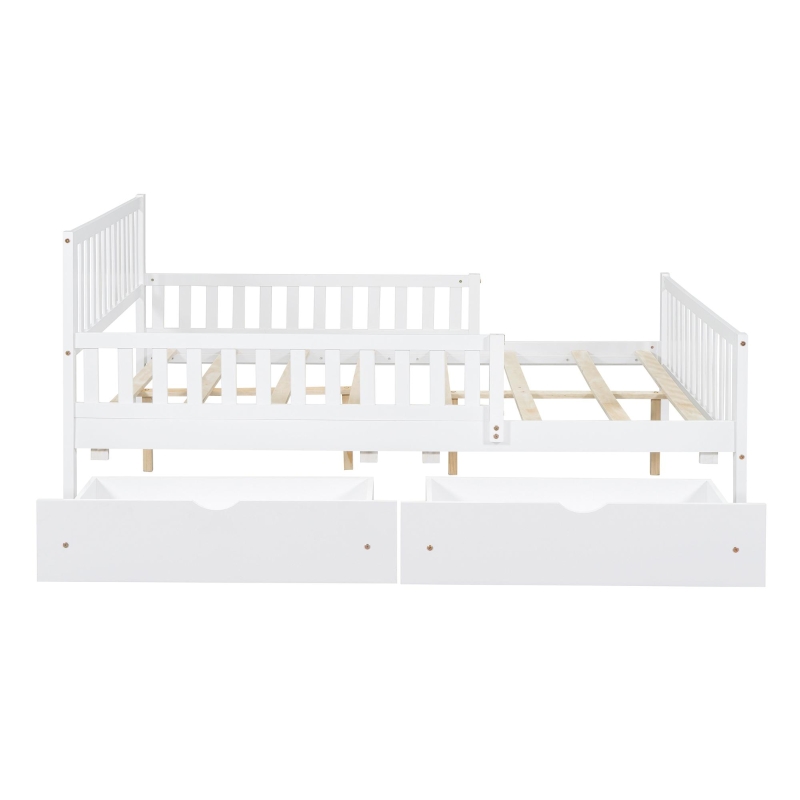 Full Size Wood Platform Bed with 2 Under-Bed Storage Drawers, Solid Bed Frame with Guardrails on Both Sides, 77.5'' L x 57.5'' W x 34.5'' H, White